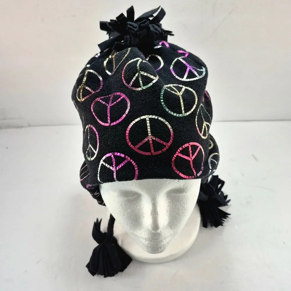 The Children's Place Black Fleece Earflap Winter Hat w/ Iridescent Peace Signs